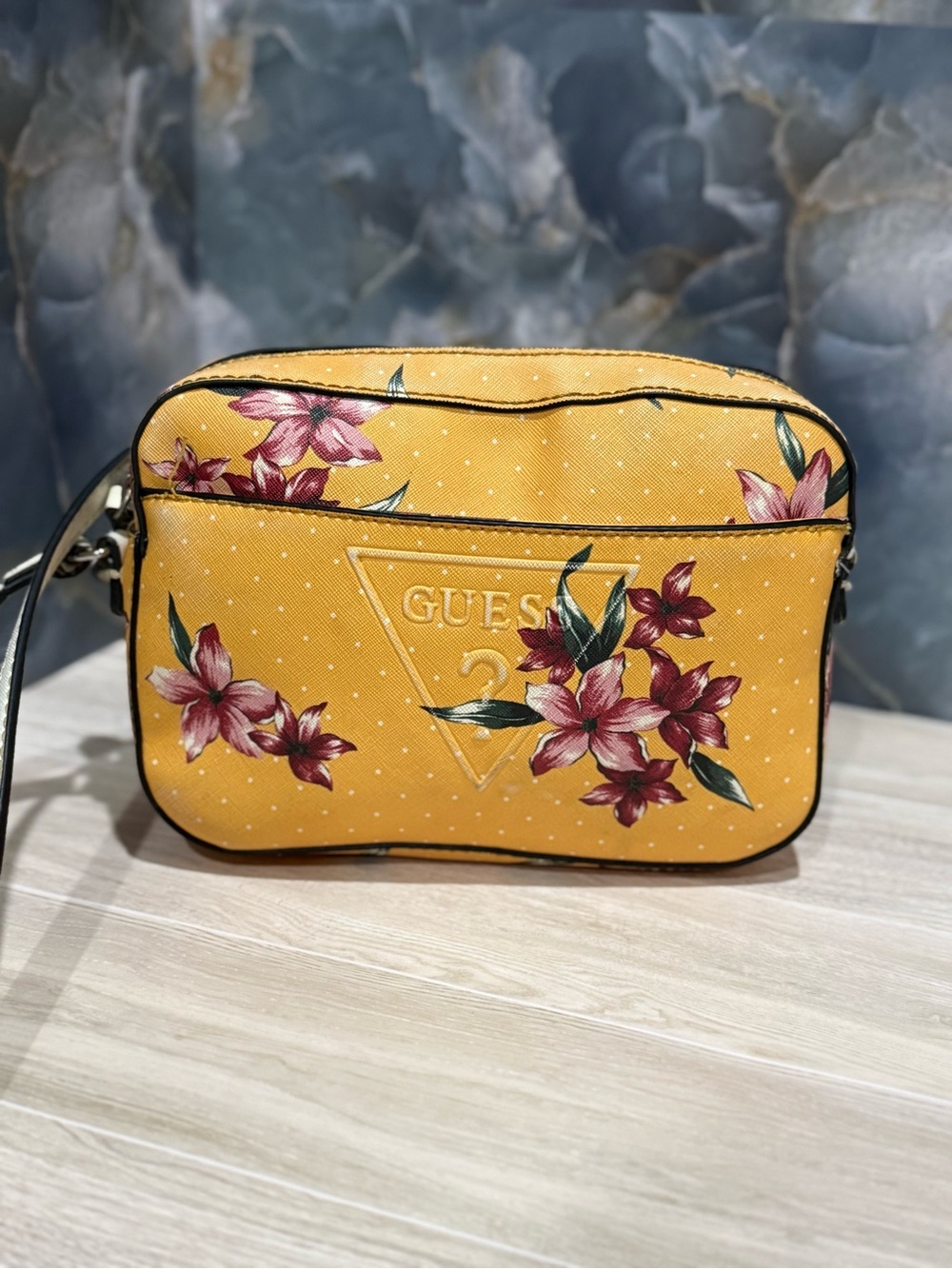 GUESS Yellow Floral Crossbody with Pink Blooms